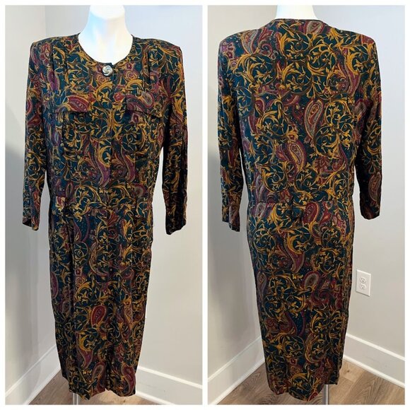 80s Paisley Dress teal and gold - Picture 1 of 8